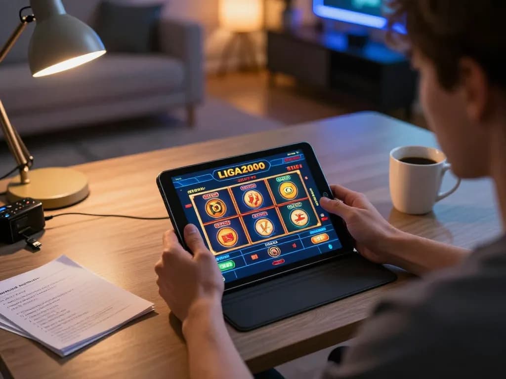 LIGA2000 online gaming session showing tablet interface with slot games, emphasizing strategic fun.