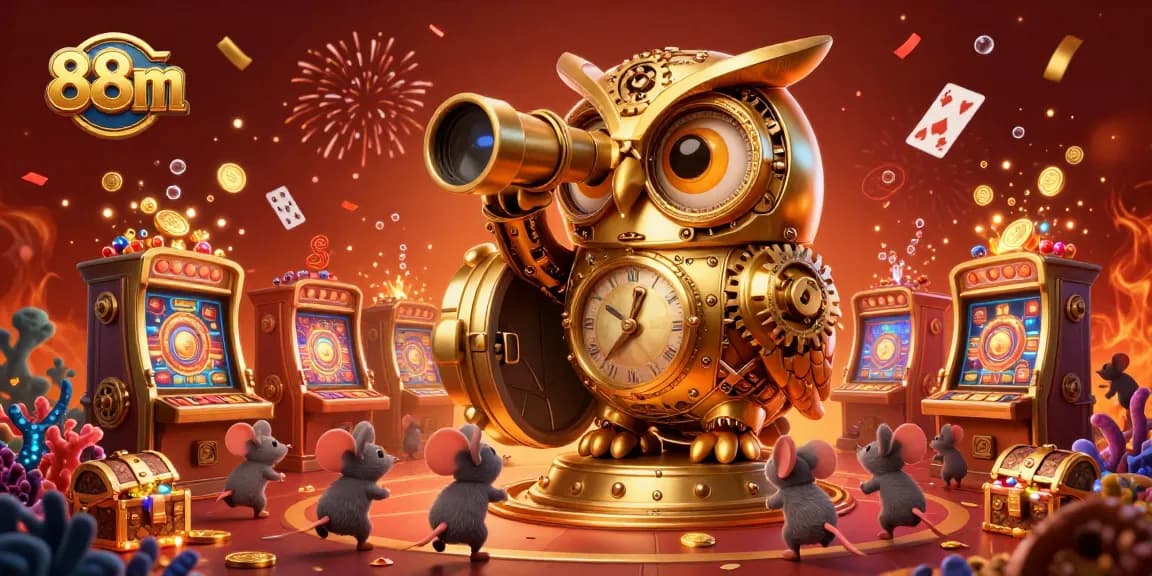 Spin those reels at 88m with a vibrant blend of gold coins and playful characters in this casino scene.