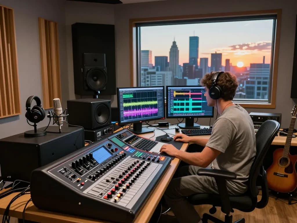 Audio engineer at a modern studio featuring TASCAM DA88 recorder, sound equipment, and city skyline.