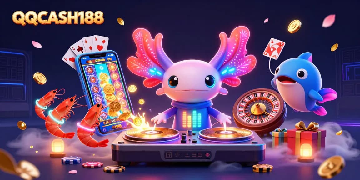 Engage with QQCASH188's vibrant 3D scene, featuring a colorful axolotl DJ and lively game elements.