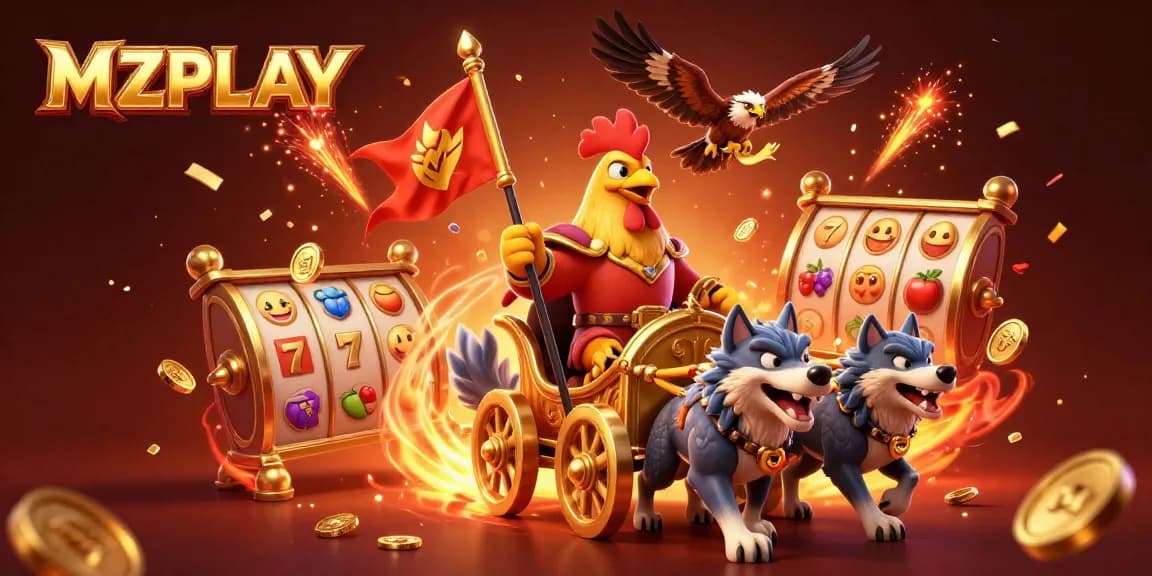 MZPLAY showcases thrilling casino gameplay with a lively 3D digital scene of slots and dynamic characters.