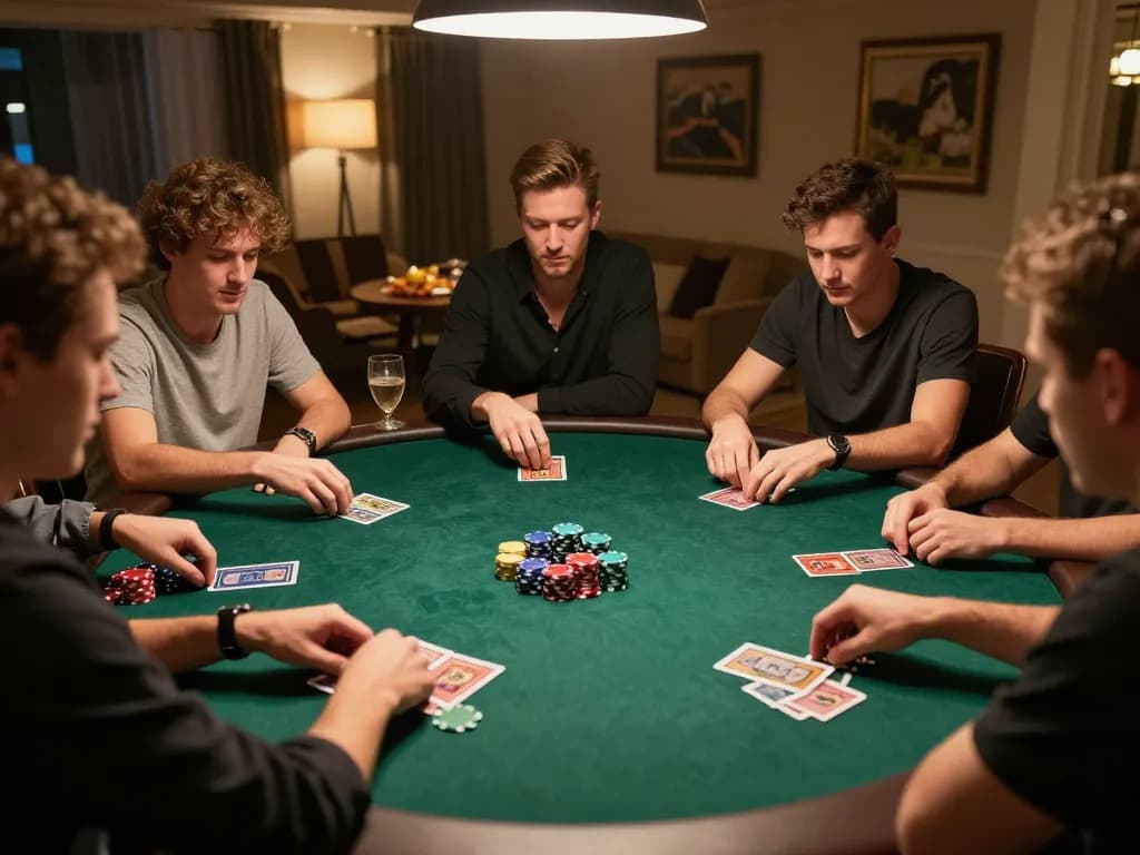 Friends enjoying an exciting nk88 poker night with stacks of chips and lively atmosphere.