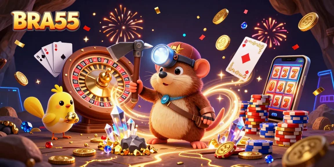BRA55 offers a thrilling treasure hunt with a mole and canary amid swirling coins and vibrant casino elements.