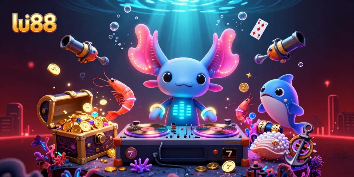 Experience exciting gameplay with lu88's neon axolotl DJ and vibrant casino elements.