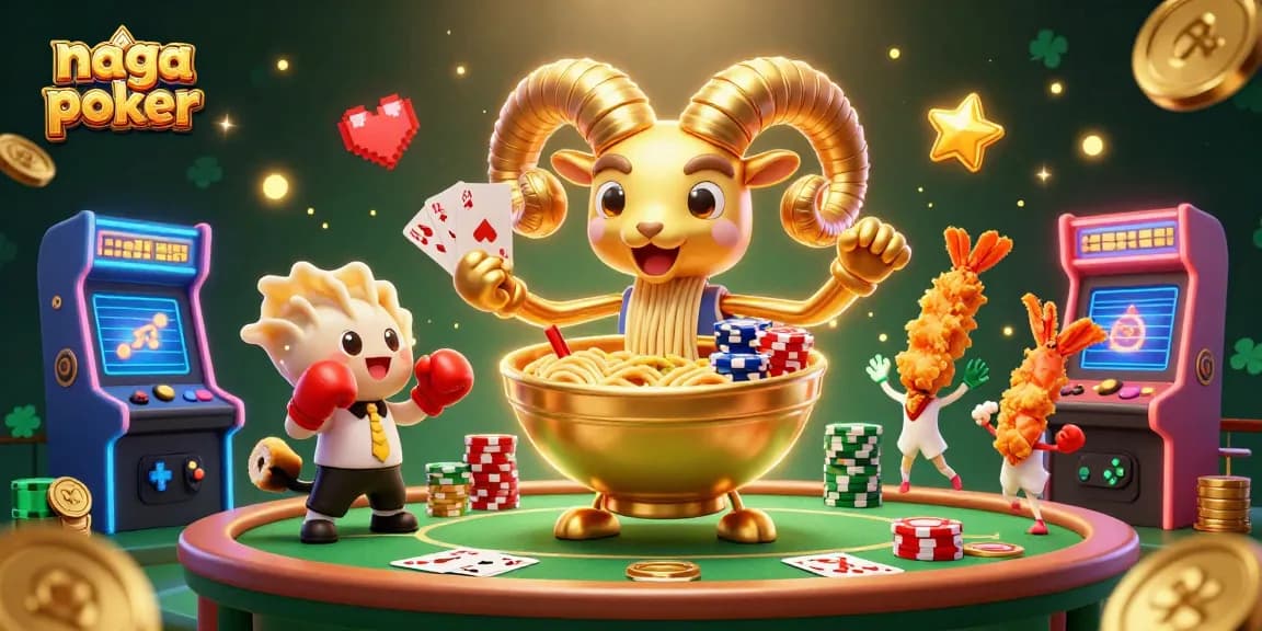 Engage with naga poker in this vibrant 3D scene showcasing a giant ramen bowl dealing cards amid casino excitement.