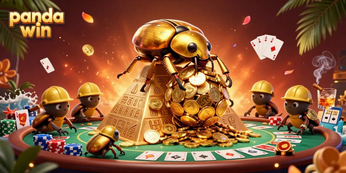 Panda win illustration showcasing a golden dung beetle at a lavish casino scene with poker elements.