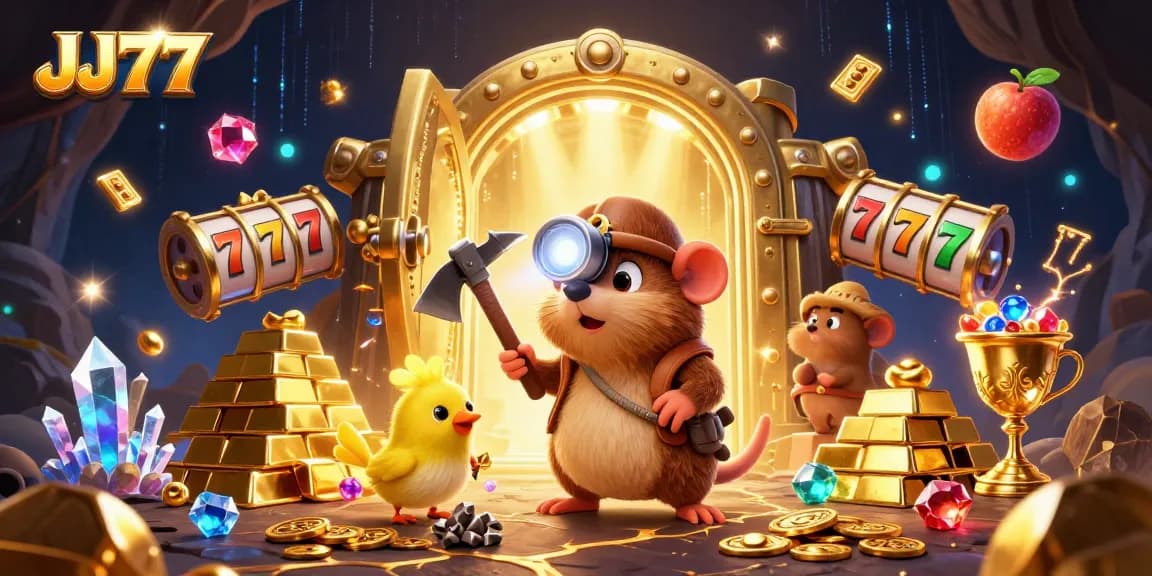 JJ77 app graphics featuring a treasure hunting mole and canary amid casino elements