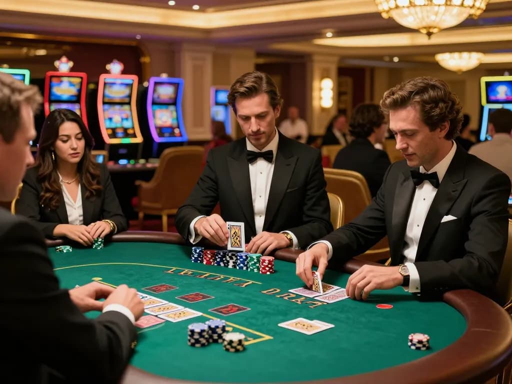 Winning players celebrate their success at a blackjack table in the upscale 79king casino.