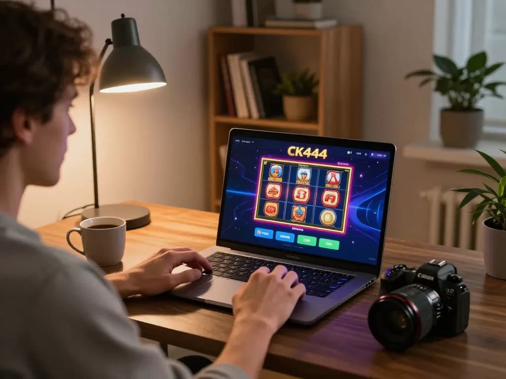 Engaging with CK444's online casino platform on a sleek laptop in a cozy home setting.