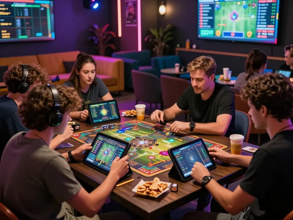 Players enjoying an exciting LODE88 gaming night with tablets and snacks.
