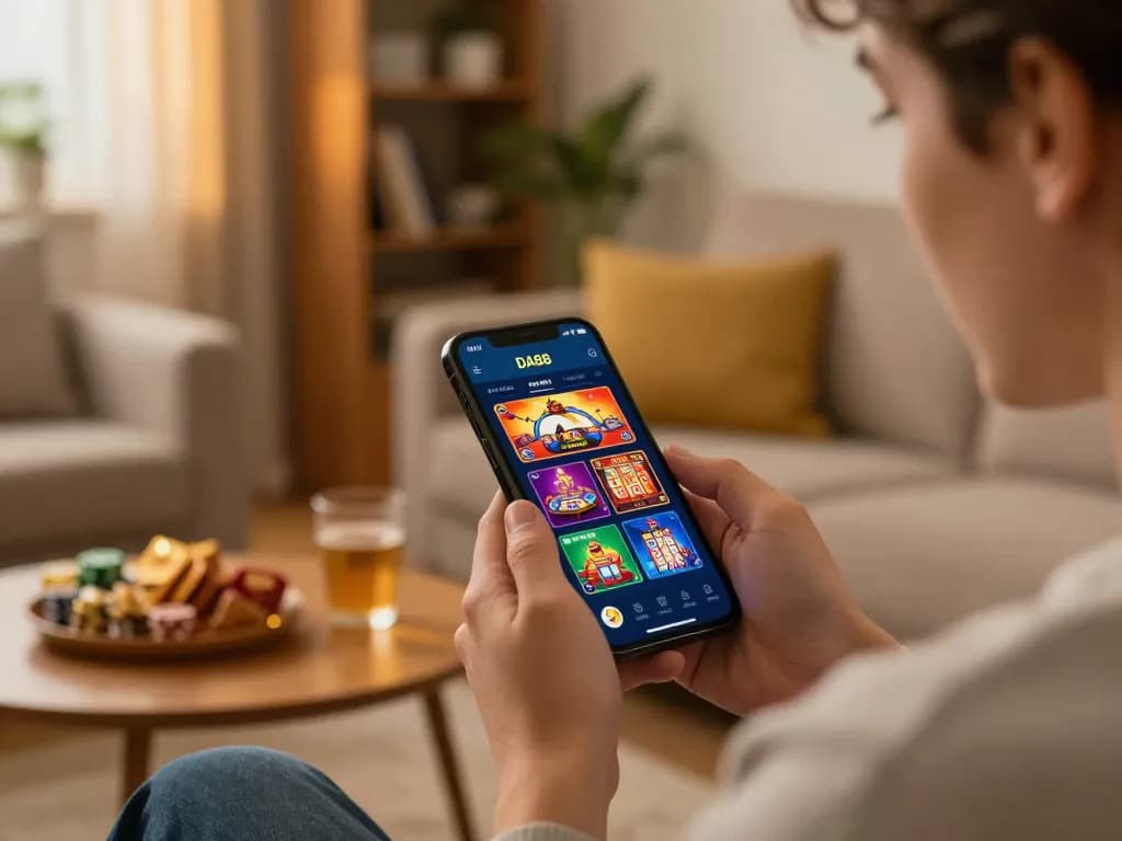 Engaging mobile gaming experience with da88 app in a cozy home setting