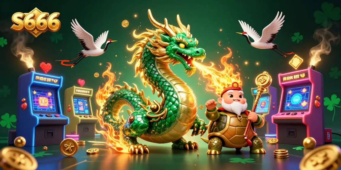 S666 showcases vibrant 3D gaming and casino elements with a dragon and lucky cranes
