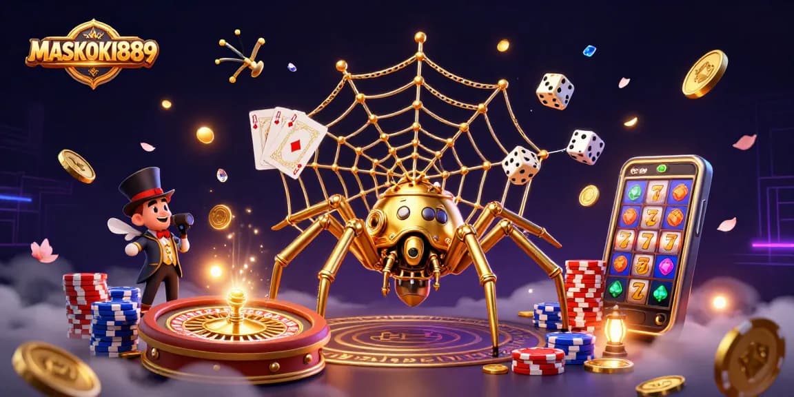 Engage with buzzing jackpots at MASKOKI889, featuring a steampunk spider and vibrant casino action.