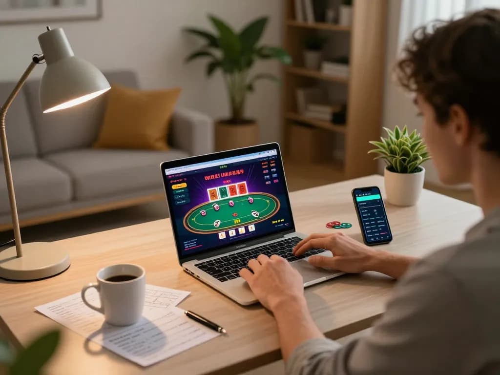 Experience online gaming excitement at https://rikbet.global/ with a cozy setup featuring poker on laptop and smartphone.