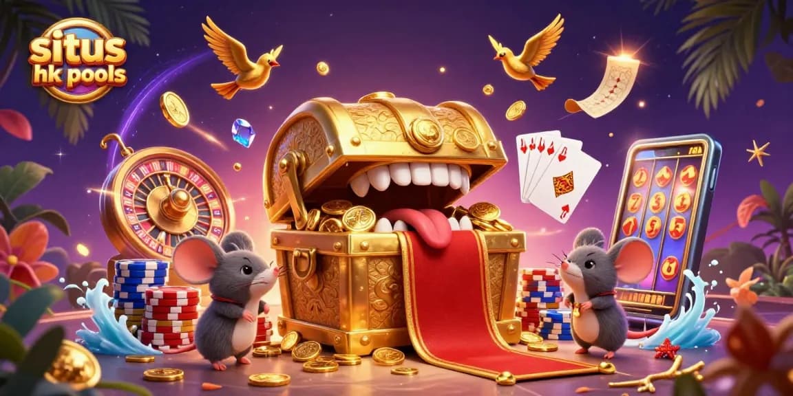 Gali kekayaan melalui situs hk pools dengan peti harta karun dan ornamen kasino yang menawan.