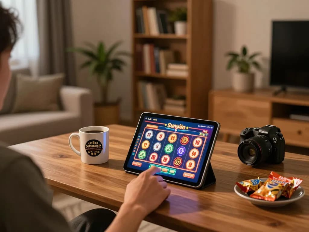 Engaging home gambling scene with a person playing Sunwin online casino games on a tablet, cozy atmosphere.