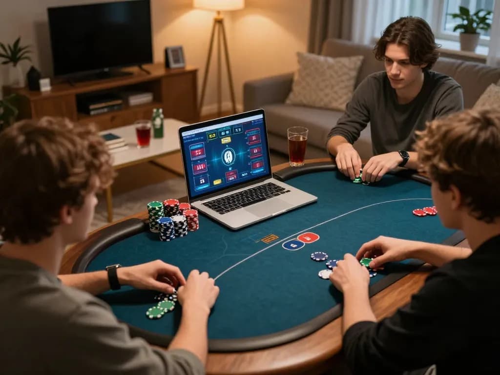 Permainan poker online yang menarik di oracleappshub dalam suasana ruang tamu yang nyaman dengan pemain yang merencanakan strategi.
