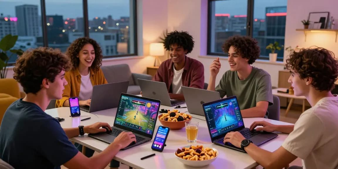 BazaWin players enjoying a lively gaming session in a cozy living room with devices.