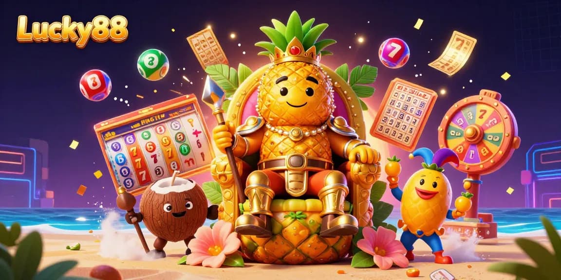 Experience thrilling gameplay with Lucky88 in a dazzling slot-themed casino scene.