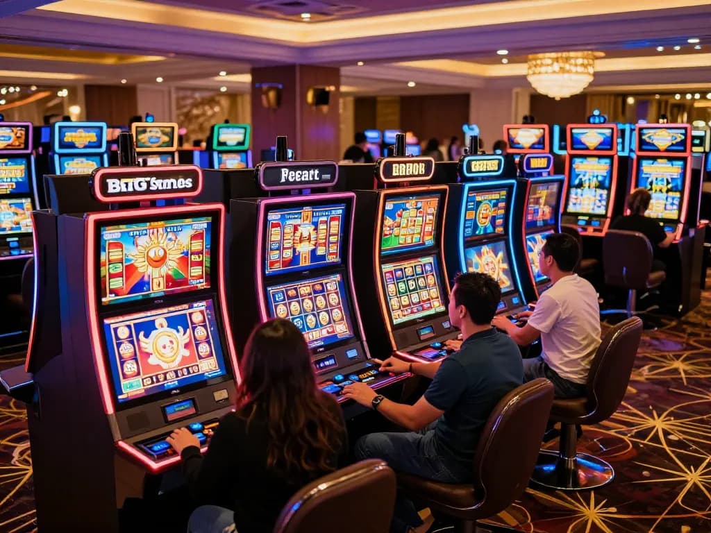 MPOID player engaging with vibrant slot machines in a luxurious casino atmosphere.