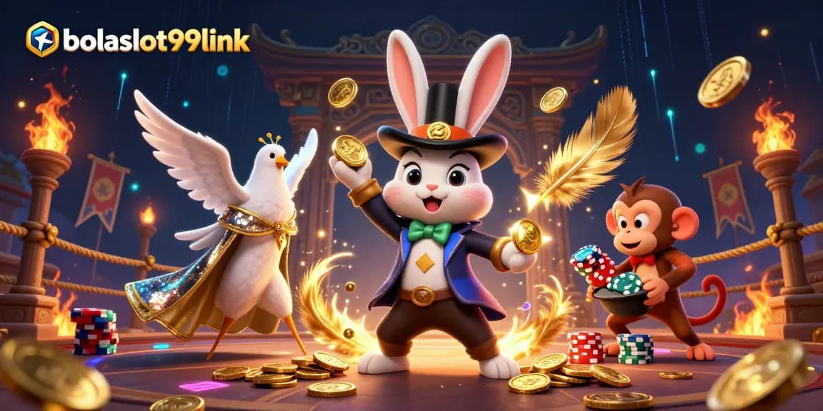 Experience the magic of bolaslot99link as a magician rabbit pulls coins, surrounded by dazzling casino action.