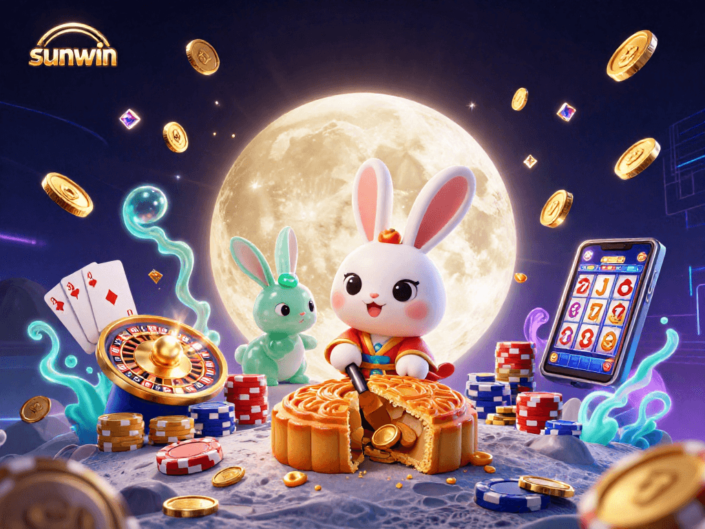 Engage in thrilling gameplay at sunwin, featuring a moon rabbit and poker chips on a vibrant lunar landscape.