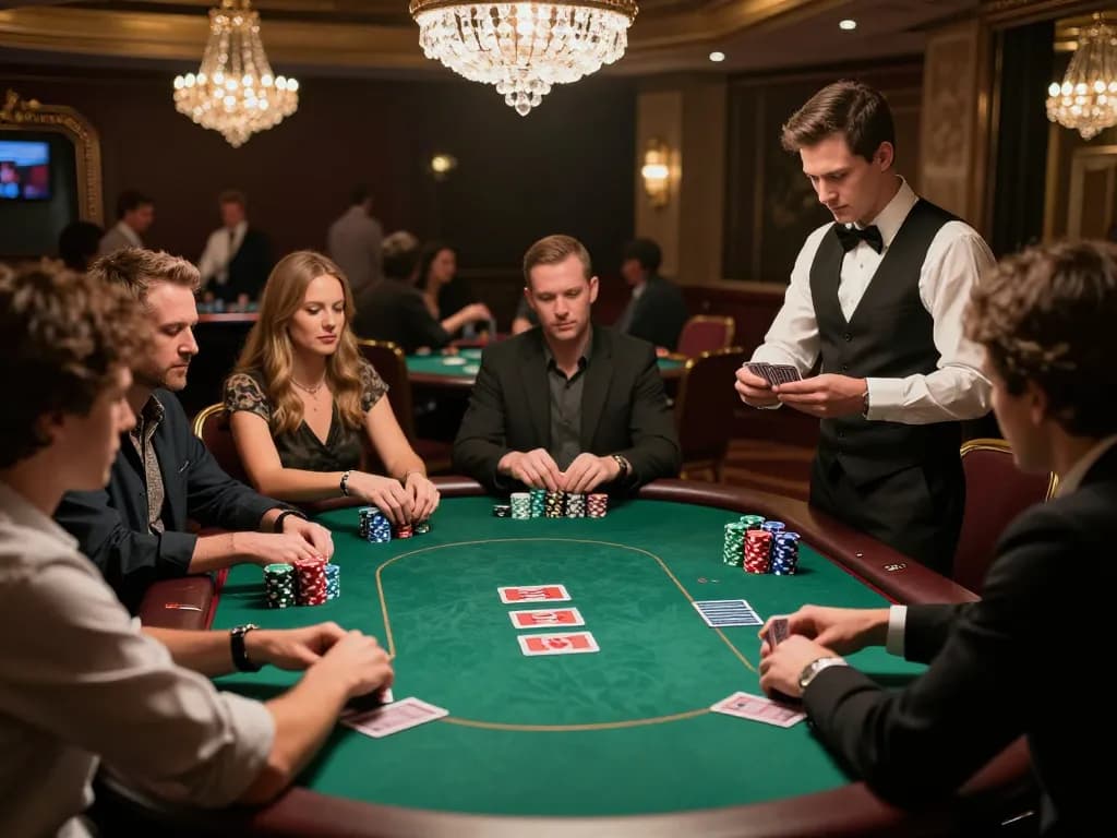 Người chơi Rik vip poker đang chiến lược tại một bàn cược cao trong một sòng bạc sang trọng