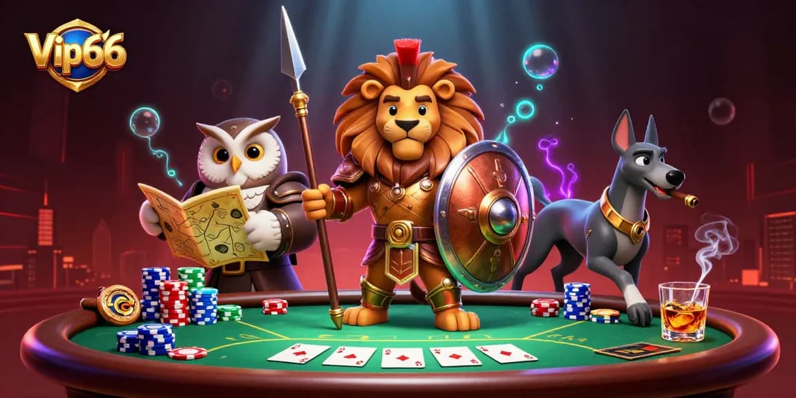Experience the thrill of gambling at Vip66 with a fierce lion, wise owl, and swift greyhound amidst vibrant casino elements.