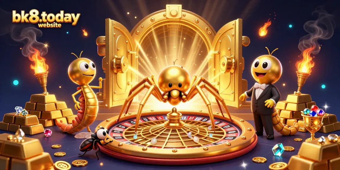 Spin the roulette with the bk8.today website in a vibrant casino-themed illustration featuring animated characters and treasure.