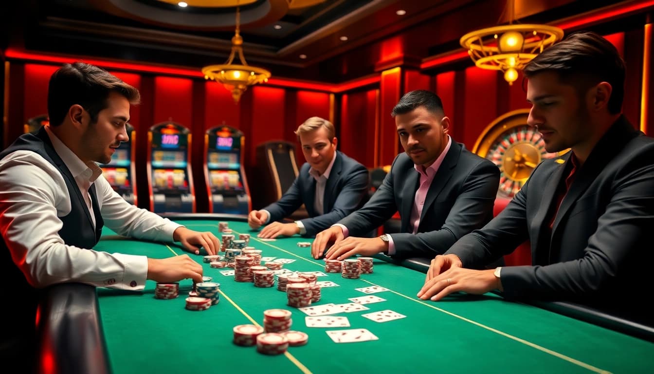 Play poker online in an exciting casino setting with vibrant poker chips and thrilling gameplay.