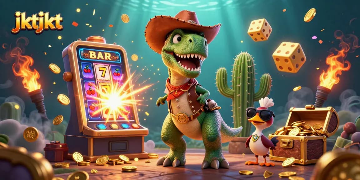 Gambar jktjkt menunjukkan dinosaur T-Rex sebagai pemain slot yang menang dengan koin berhamburan.