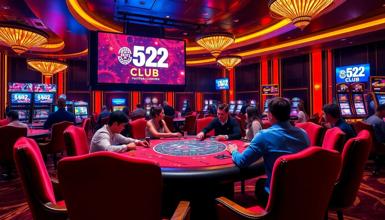 Engaging players at a B52 Club poker table with vibrant casino elements.