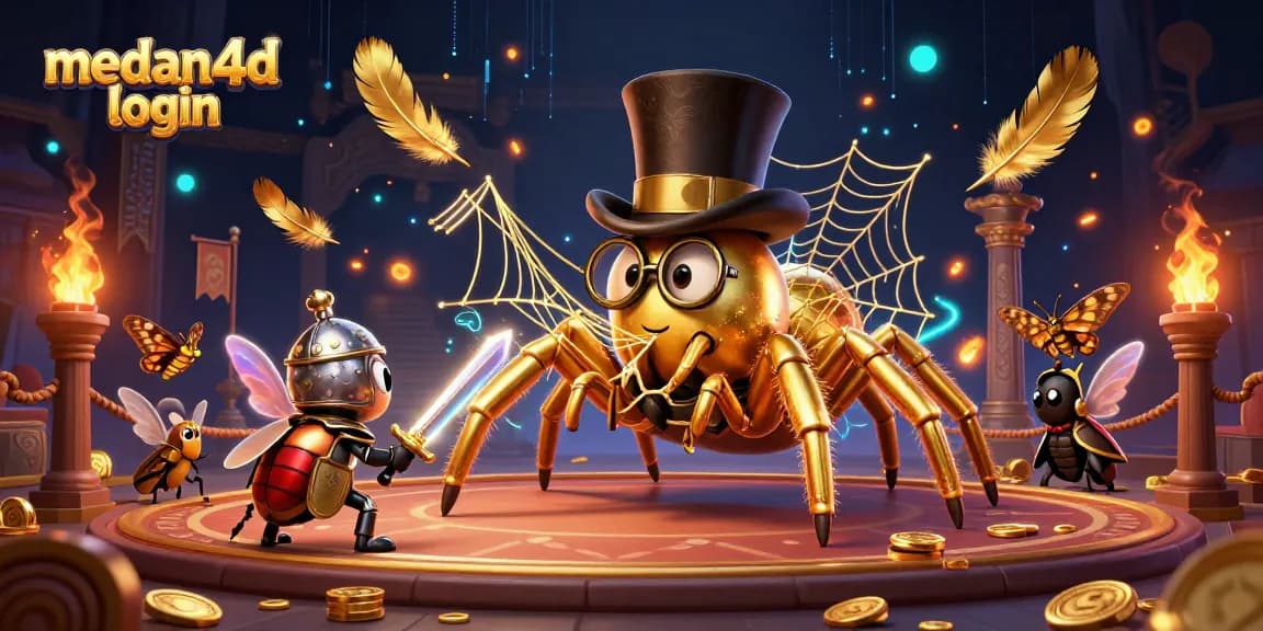 Tarantula dan ksatria kumbang berani dalam ilustrasi kasino, menampilkan medan4d login yang menarik.