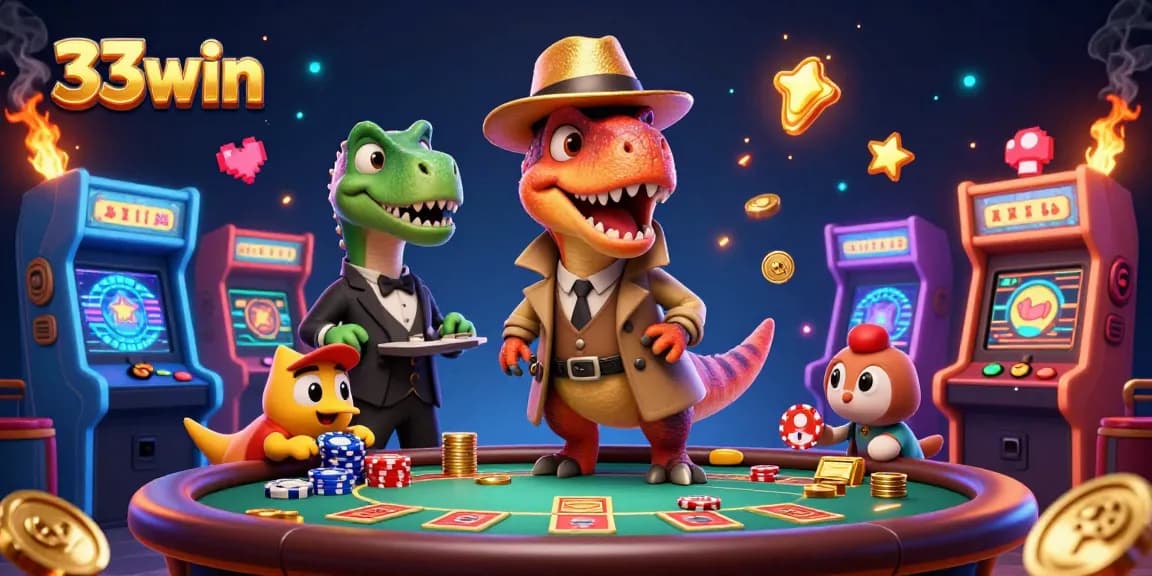 Win big with 33win in this vibrant casino scene featuring dinosaurs and gaming action.