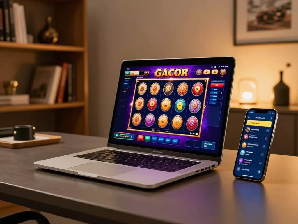 Engaging with the vibrant slot gacor interface on a stylish laptop and smartphone, showcasing online gaming excitement.