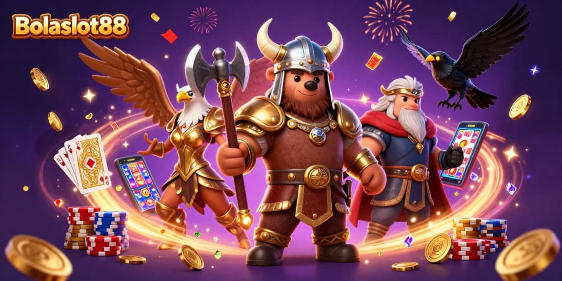 Bolaslot88 showcases a vibrant 3D scene featuring lucky symbols of gambling with a Viking theme.