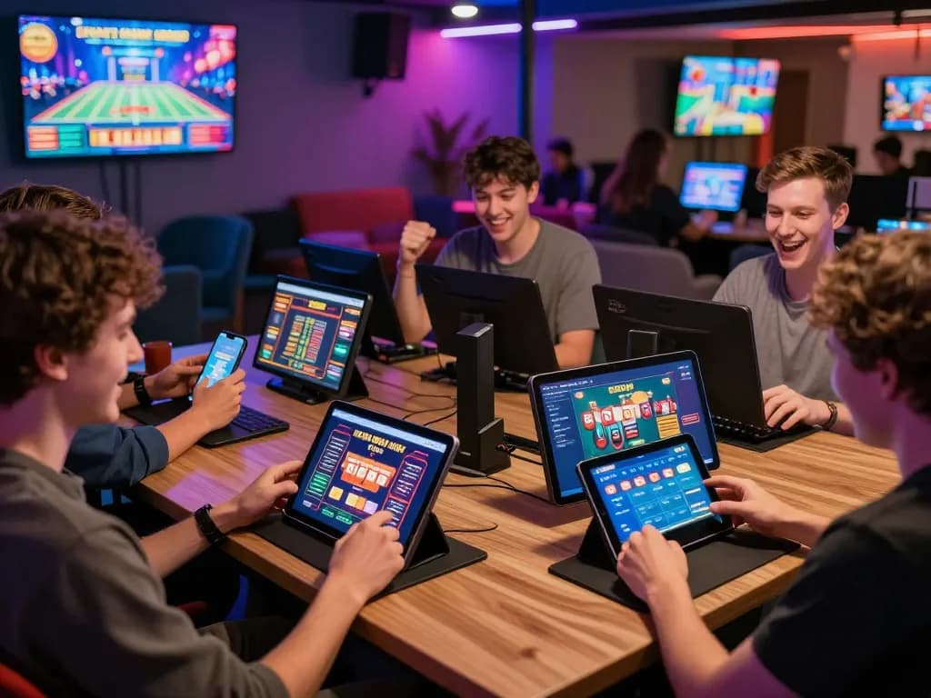 ZEUS222 players celebrating a win on mobile devices in a lively gaming lounge atmosphere
