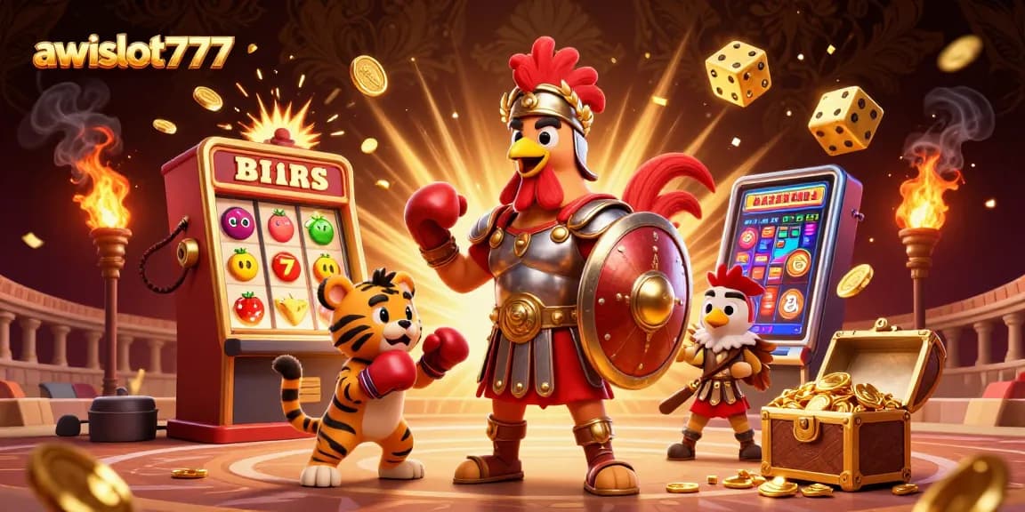 Win at awslot777 with an exciting ensemble of a rooster and tiger cub amidst casino chaos.