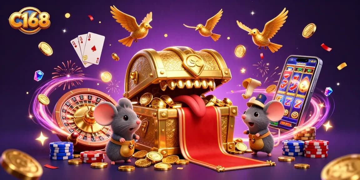 C168 entices players with adventures featuring a treasure chest and vibrant casino elements.