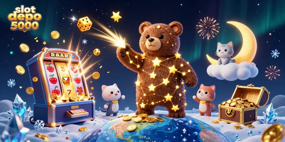 Slot depo 5000 menampilkan karakter bintang membawa koin, meraih jackpot dengan simbol keberuntungan.