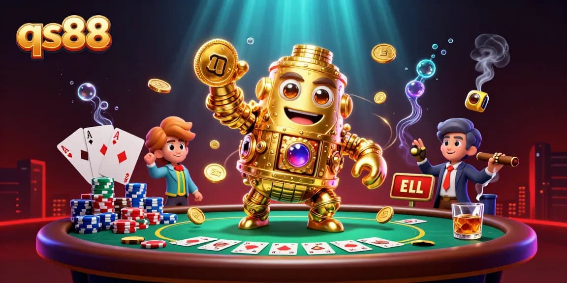 Engage with qs88's thrilling casino experience featuring a dynamic golden golem amidst poker action.