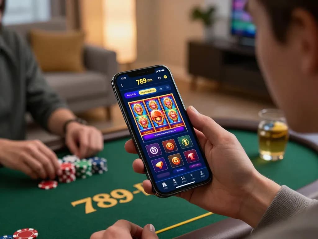 Người chơi đắm chìm trong trò chơi ứng dụng 789 club trên điện thoại thông minh, trình bày các slot trực tuyến và poker sôi động.