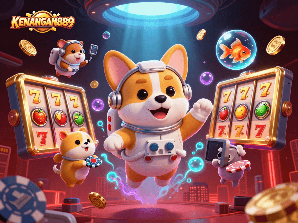 Join KENANGAN889 in a thrilling space casino adventure with floating slot elements and animated characters!