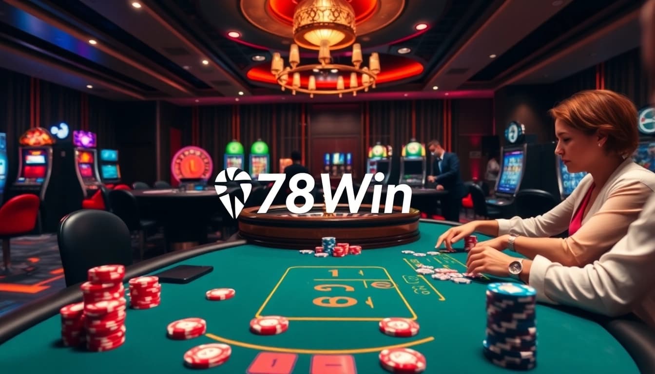 Engaging players at 78Win casino with a thrilling poker game and vibrant slot machines.