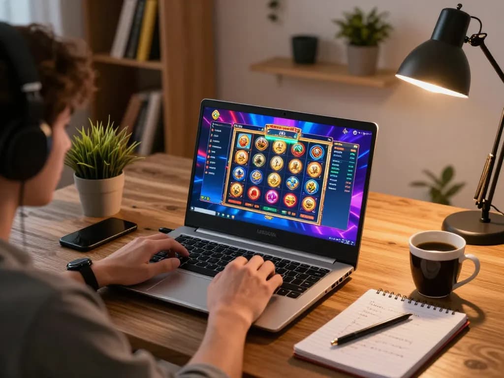 Engaged player exploring LGOLUX slot games on a laptop in a cozy living environment