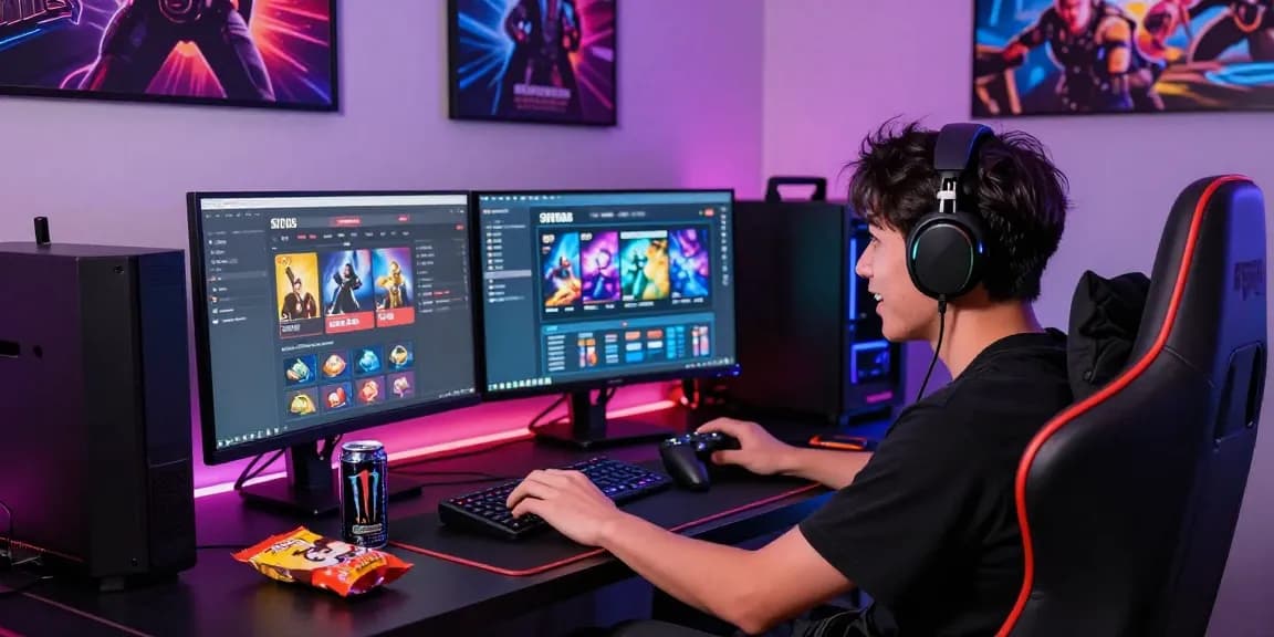 Engaged gamer playing situs slot games with vibrant lighting and gaming memorabilia.
