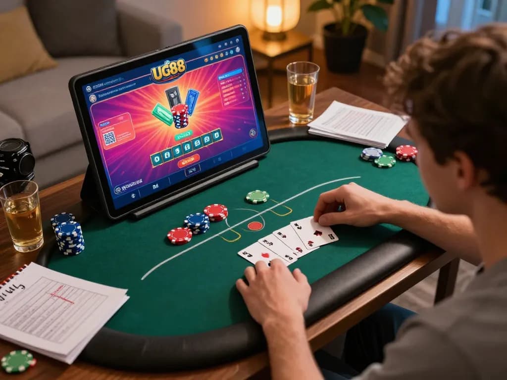 Engaged user playing poker on their tablet while exploring UG88's online gaming opportunities.