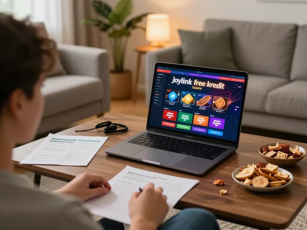 Engaged player exploring joylink free kredit options on an online casino interface in a cozy home setting