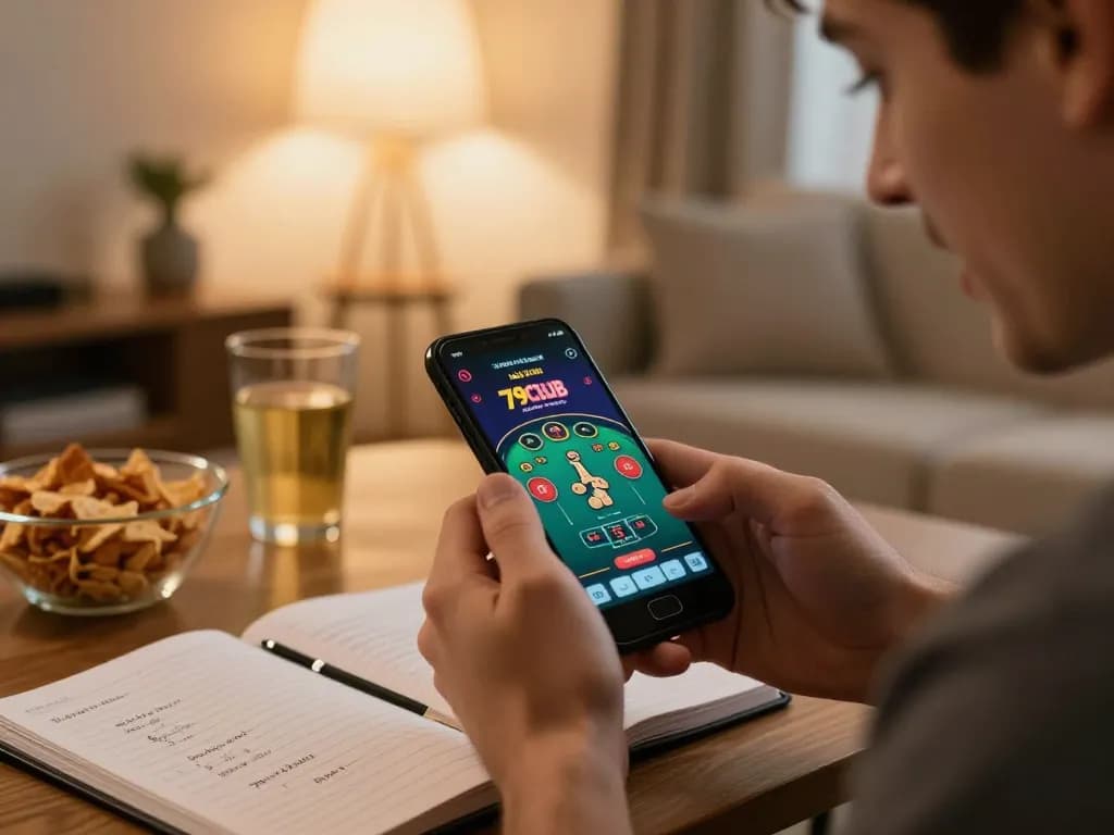 Engaged player at 79club using smartphone for live dealer game, showcasing immersive online gambling experience