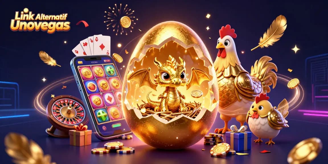 Experience epic wins at Link Alternatif Unovegas with a golden dragon and vibrant casino elements.